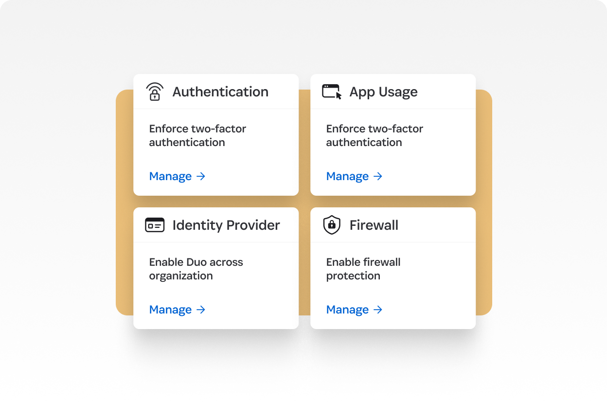 Das Übersichts-Dashboard für die 1Password-Richtlinien, wo du Regeln dafür erstellen kannst, wie und wo dein Team 1Password verwendet, einschließlich Optionen wie Authentifizierung, App-Nutzung, Identitätsanbieter konfigurieren und Firewall.