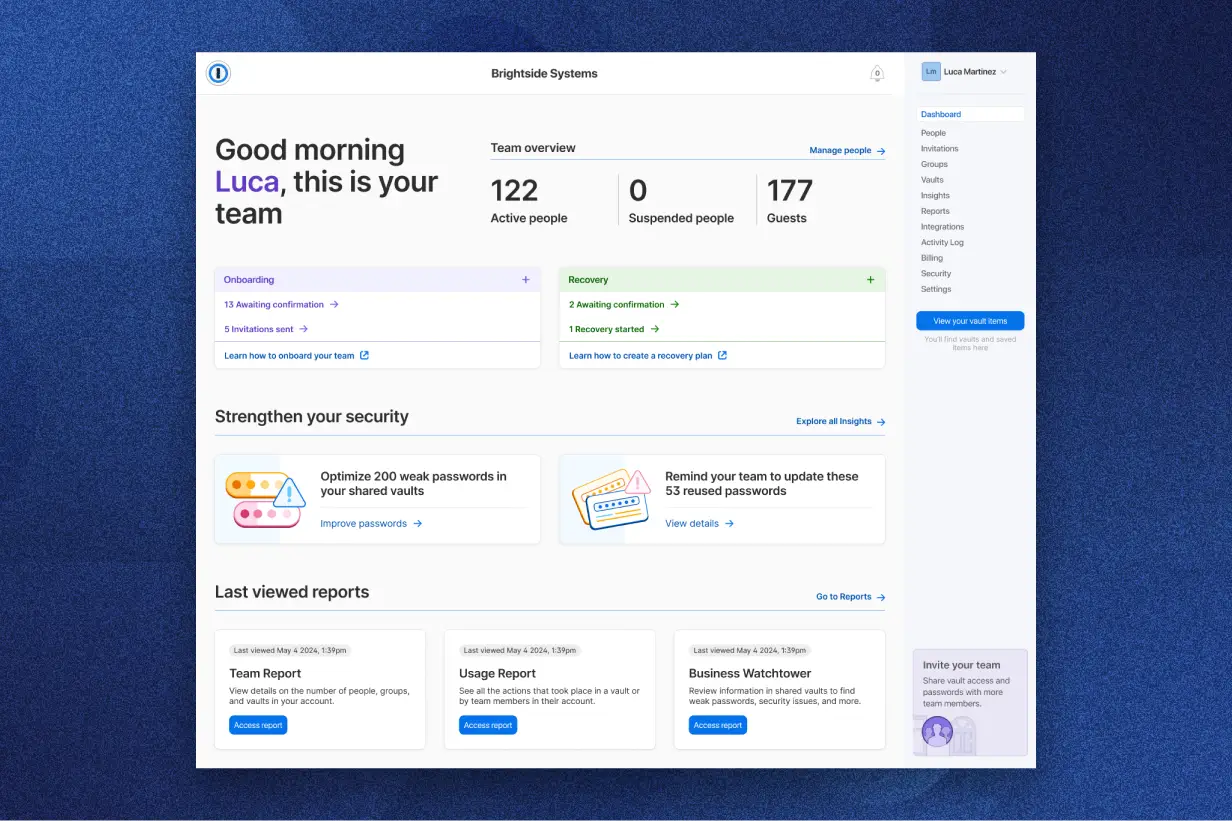 Company dashboard shown in 1Password, displaying team overview with 122 active people, 0 suspended people, and 177 guests. Sections include Onboarding, Recovery, Strengthen your security, and Last viewed reports. Recommendations for optimizing weak passwords and updating reused passwords are highlighted.