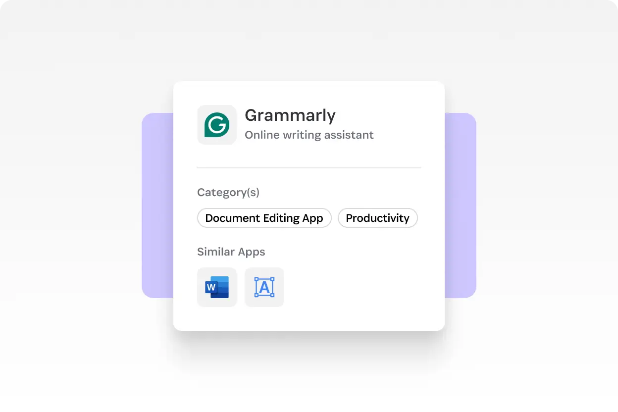 1Password Trelica app profile view showing Grammarly with categories and similar applications