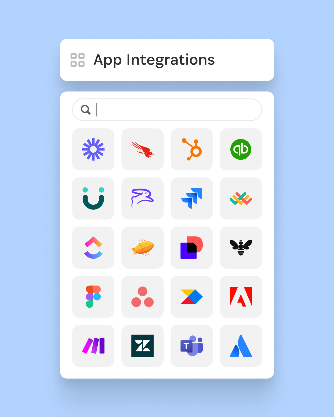 Grid of popular app integrations including HubSpot, Jira, QuickBooks, Figma, Asana, and Microsoft Teams shown in the 1Password Trelica integrations interface
