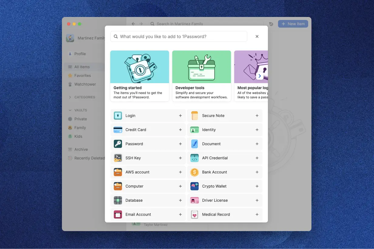 1Password 앱의 팝업 창에는 Getting started(시작), Developer tools(개발자 도구), Most popular logins(가장 인기 있는 로그인) 등의 카테고리가 제공되며, Login(로그인), Credit Card(신용카드), Passport(여권), API Credential(API 자격 증명)과 같은 아이콘과 옵션이 있습니다.