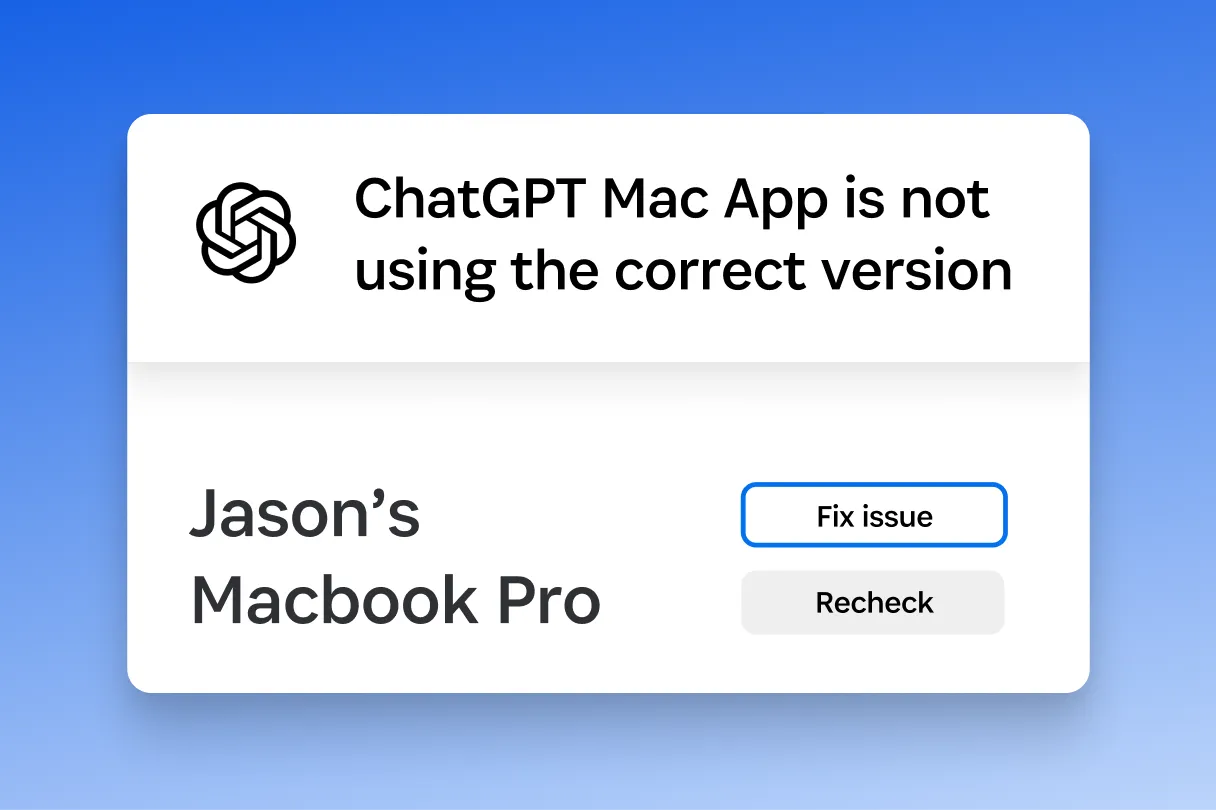 Avviso di Device Trust che segnala un problema con la versione di un'app Mac, con opzioni per risolvere o verificare nuovamente la conformità del dispositivo