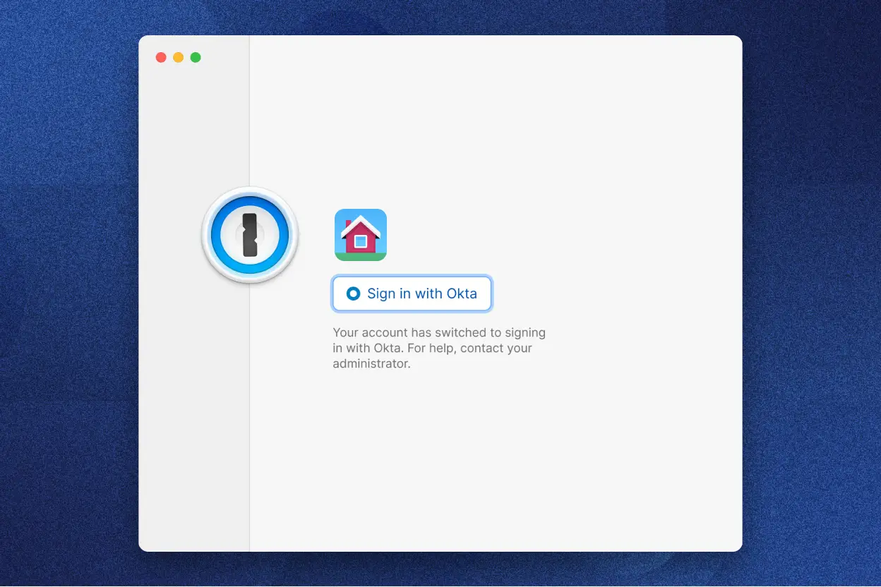 The 1Password login interface with an option to sign in with Okta.