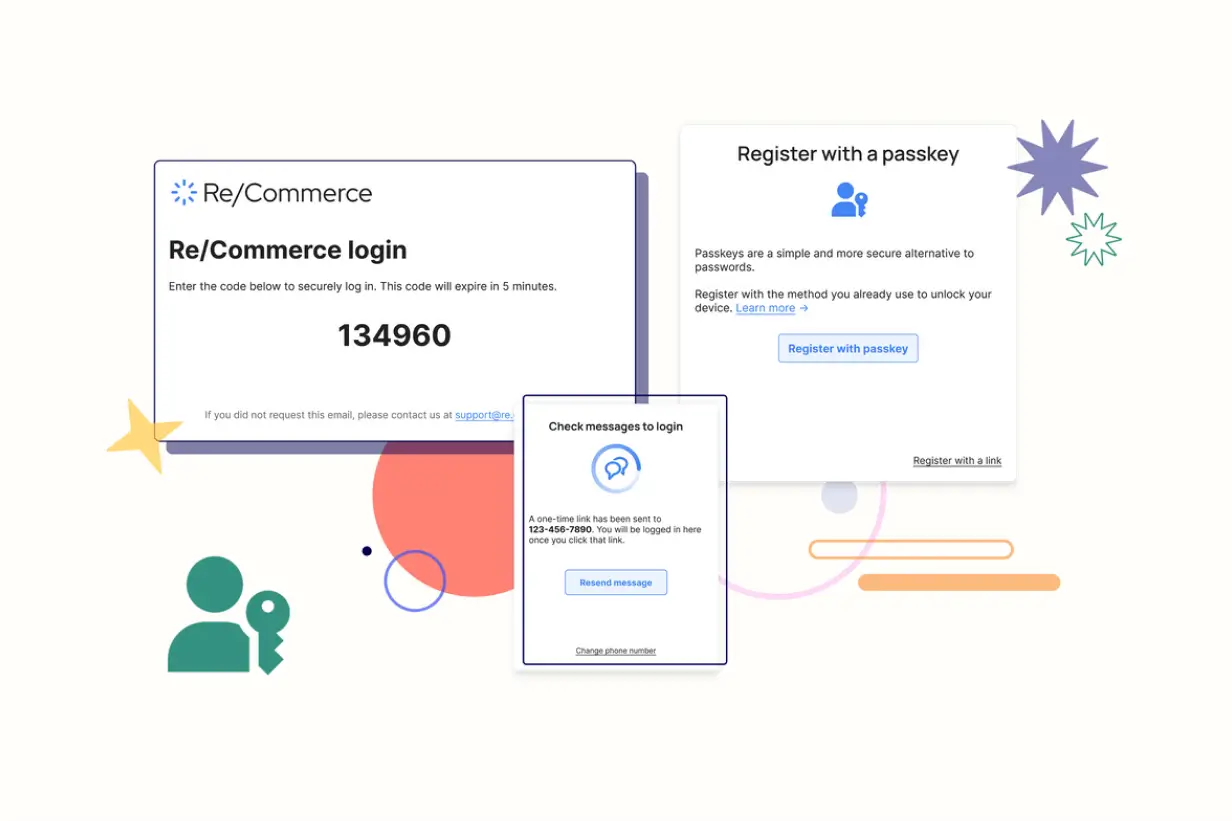 Schermata di accesso a Re/Commerce con un campo di immissione del codice che mostra il codice 134960. Il messaggio sotto indica che il codice scade tra 5 minuti. A destra c'è l'opzione "Registrati con una chiave di accesso" per un'alternativa più sicura alle password. Sotto, una richiesta di controllare i messaggi per un link una tantum inviato a un numero di telefono, con opzioni per inviare nuovamente il messaggio o modificare il numero di telefono.