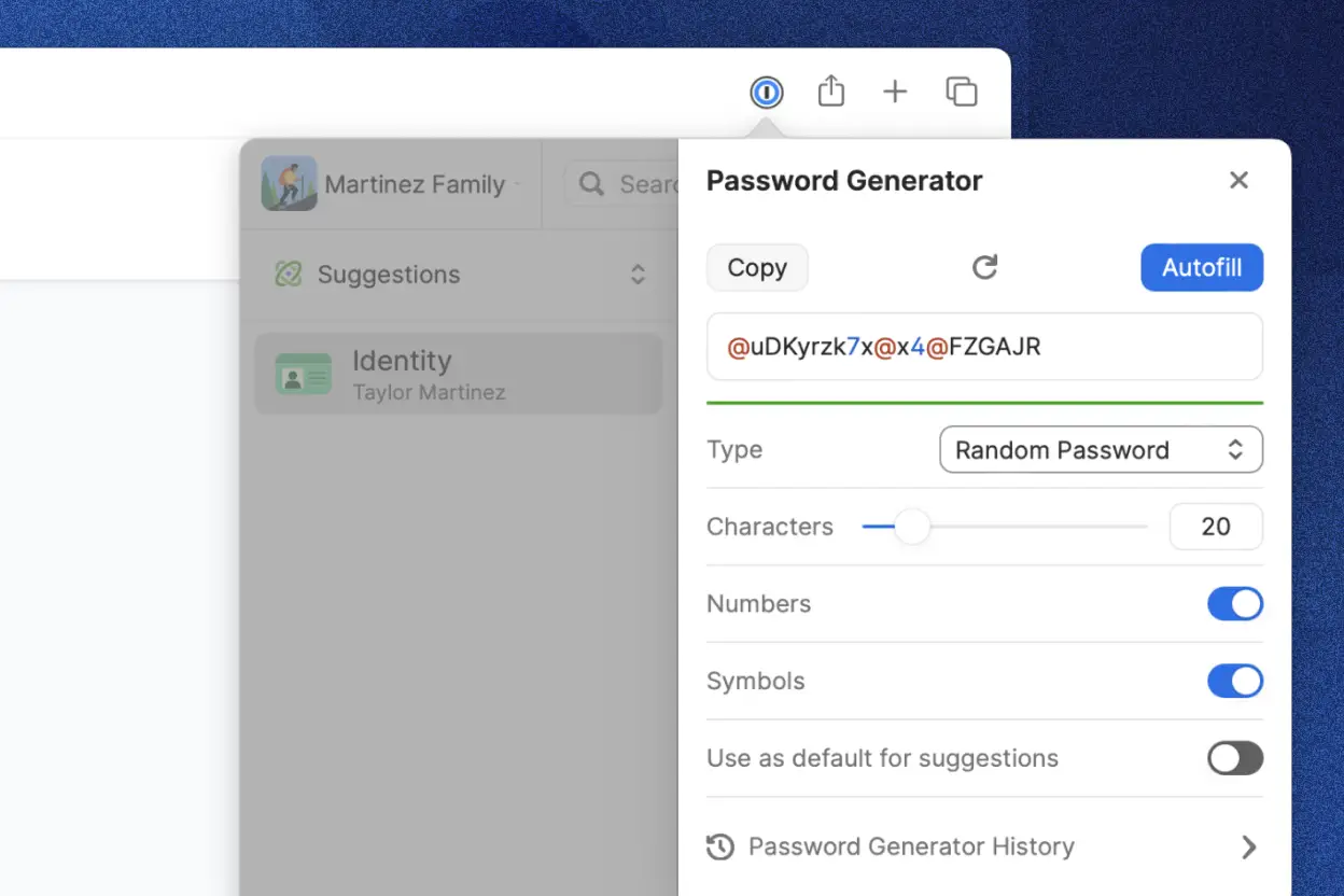 La herramienta generadora de contraseñas incorporada en la aplicación 1Password que muestra una contraseña aleatoria generada. Hay opciones para copiar la contraseña y autocompletarla.