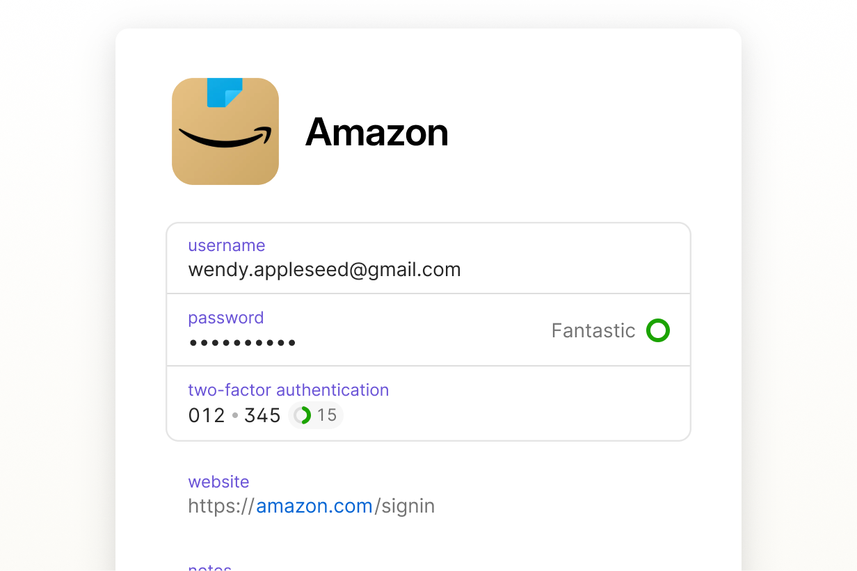 1Password item showing Amazon login credentials with username, password, and two-factor authentication code fields.