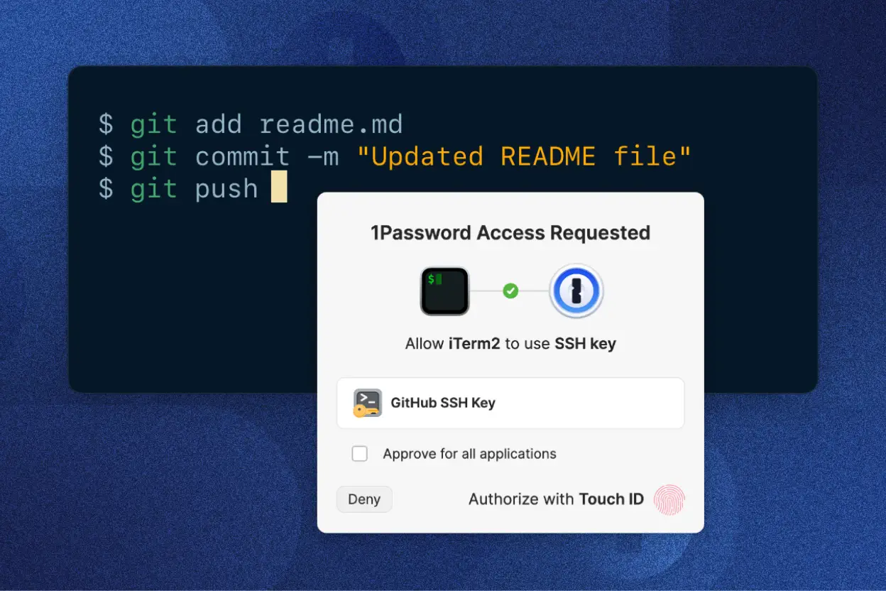 A 1Password pop-up window asking for biometric authenticaion to allow iTerm2 to access an SSH key store in 1Password.