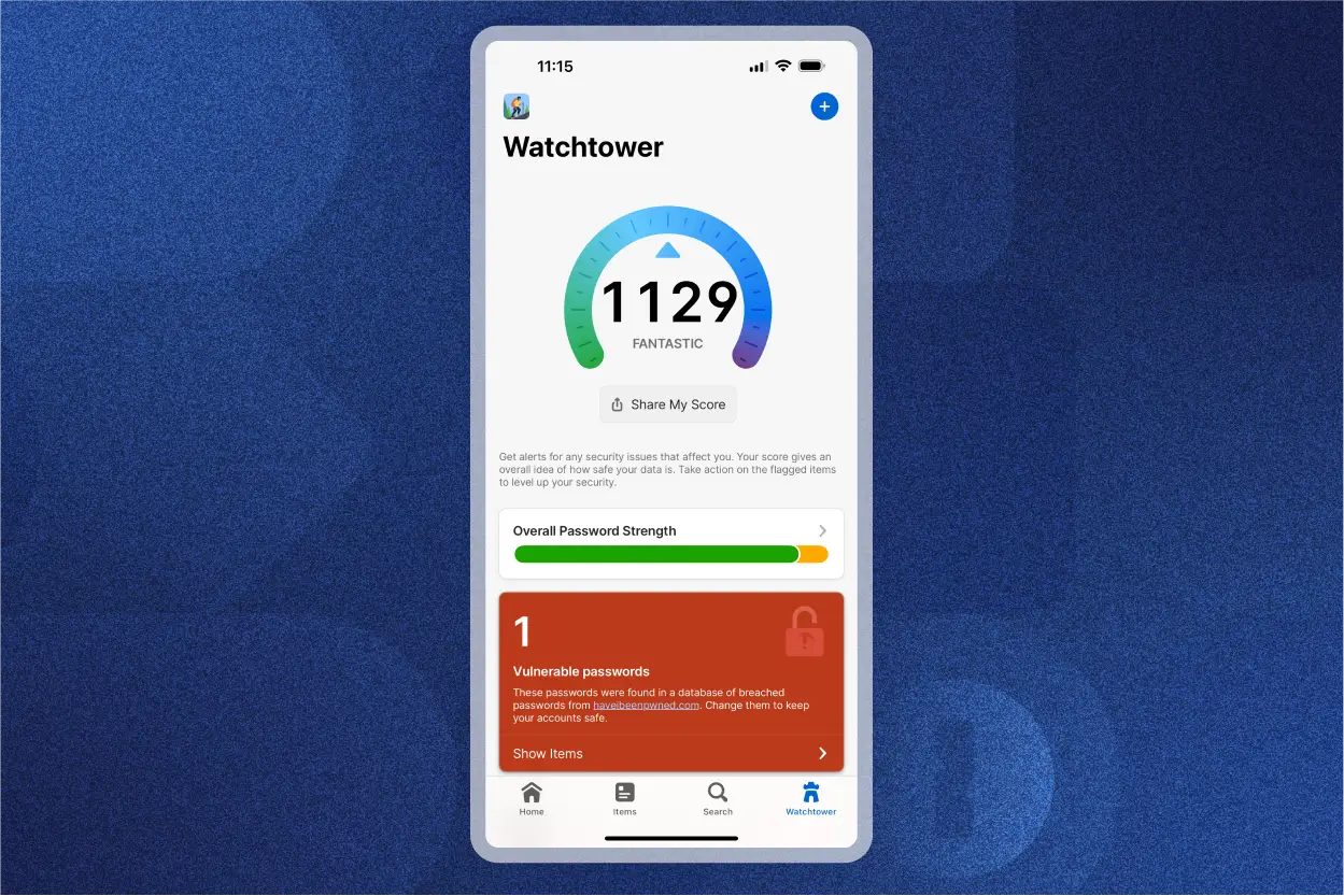 セキュリティアラート用のWatchtower機能を表示する1Passwordアプリ。セキュリティスコアは1127で「すばらしい」との評価。全体的なパスワードの強度と、脆弱なパスワード1つが表示される。