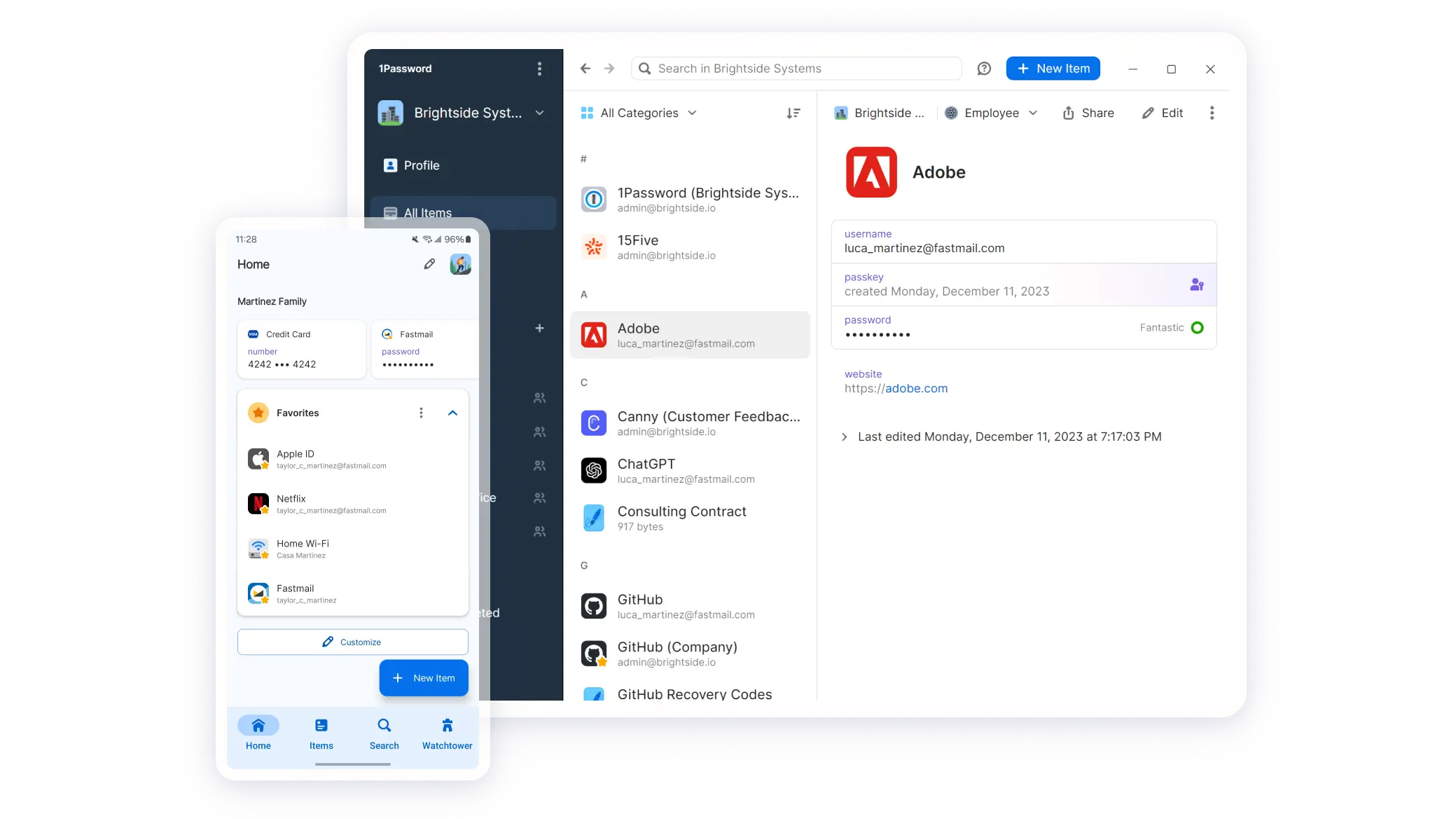 1Passwordアプリが携帯電話とデスクトップの両方に表示される。モバイルでは、パスワード、クレジットカード、Wi-Fi情報などの保存された項目が表示される「ホーム」画面が表示される。Netflixのようなお気に入りは次にリストアップされている。デスクトップにはAdobeを含むログインのリストが表示される。Adobeアカウントの詳細が選択されて表示され、ユーザー名と「Fantastic」というラベルの付いたパスワード強度インジケーターが表示される。