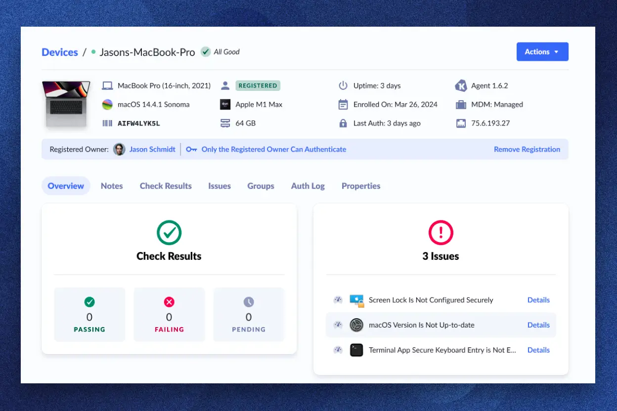 El panel de confianza del dispositivo en Extended Access Management de 1Password muestra la salud del dispositivo del MacBook Pro de un miembro del equipo.