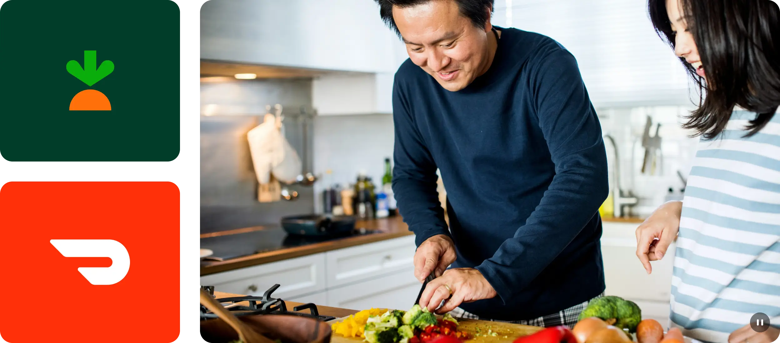 Two people preparing a meal together in a kitchen, chopping fresh vegetables on a cutting board.