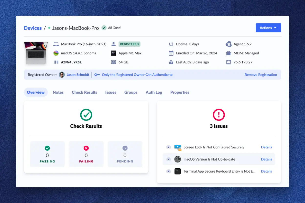 The 1Password Extended Access Management Device Trust dashboard showing the health of a team member's computer, including 2 issues like OS version out of date and screen lock not configured correctly.