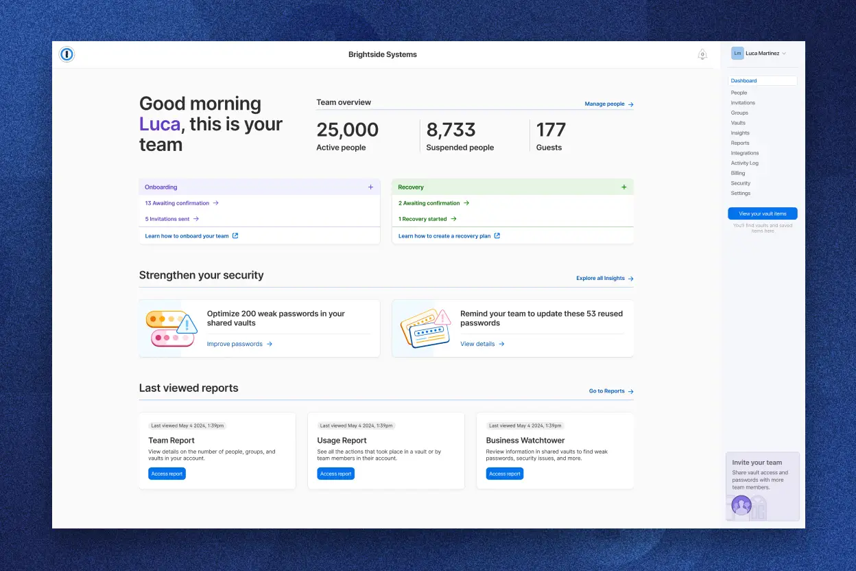 Company dashboard shown in 1Password, displaying team overview with 25,000 active people, 8,733 suspended people, and 177 guests. Sections include Onboarding, Recovery, Strengthen your security, and Last viewed reports. Recommendations for optimizing weak passwords and updating reused passwords are highlighted.