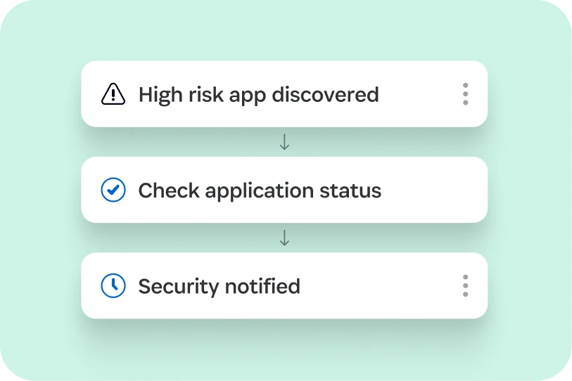 System messages: High risk app discovered, Check application status, and Security notified. 