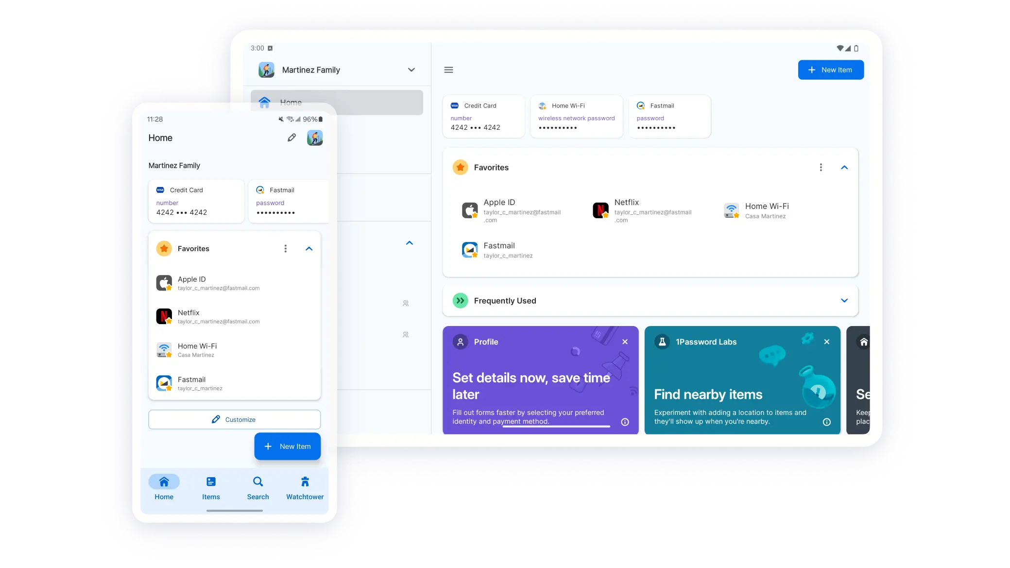 1Password 应用程序可在手机和平板电脑上显示。手机上显示的“主屏幕”列有密码、信用卡和 Wi-Fi 信息等保存项目，之后列出的是 Netflix 等收藏项目。平板电脑会显示同样的主屏幕，此外还有“常用项目”选项卡，以及可加快自动填充速度的“选择默认配置文件”选项。