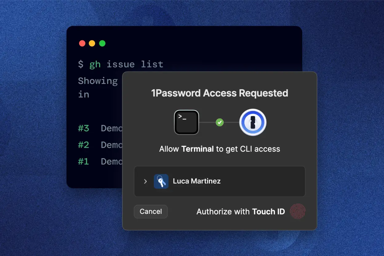 ターミナルがCLIにアクセスできるようにするための生体認証を求める1Passwordポップアップウィンドウ。