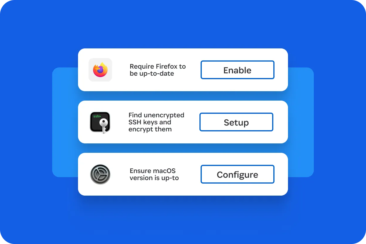 1Password interface showing three security tasks: updating Firefox, encrypting SSH keys, and configuring macOS version.