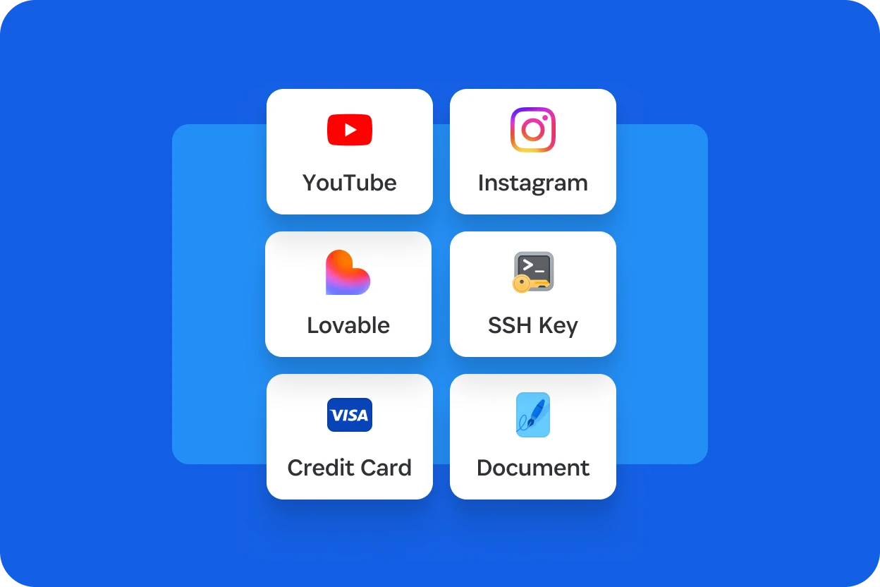 Dashboard icons showing supported enterprise vault items like YouTube, credit cards, documents, and SSH keys.