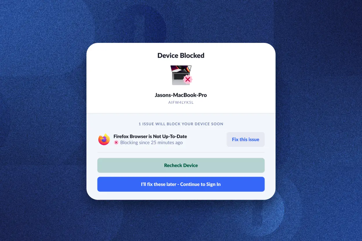 1Password Extended Access Management的影像顯示了使用者如何自行修復裝置問題。 