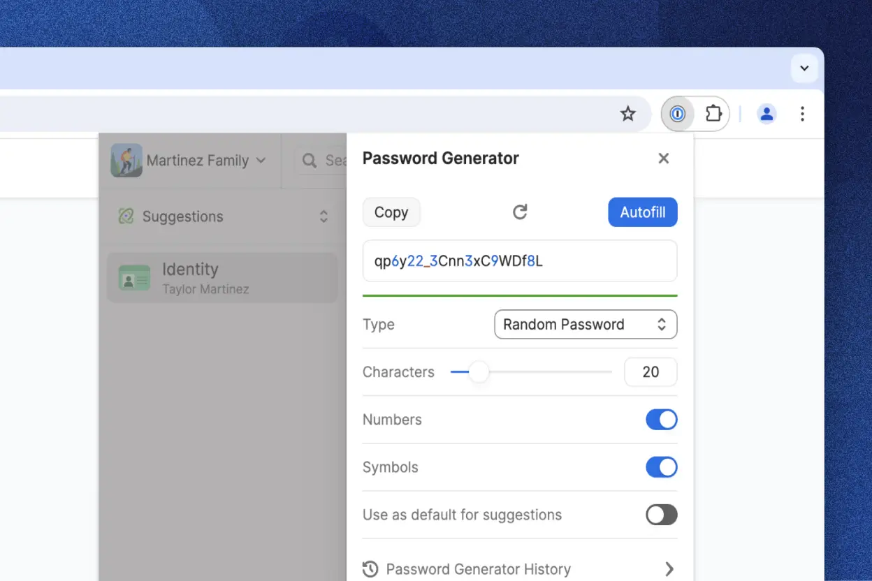 Der integrierte Passwortgenerator in der 1Password-Browsererweiterung zeigt ein zufällig generiertes Passwort. Es gibt Optionen, um das Passwort zu kopieren und automatisch auszufüllen.