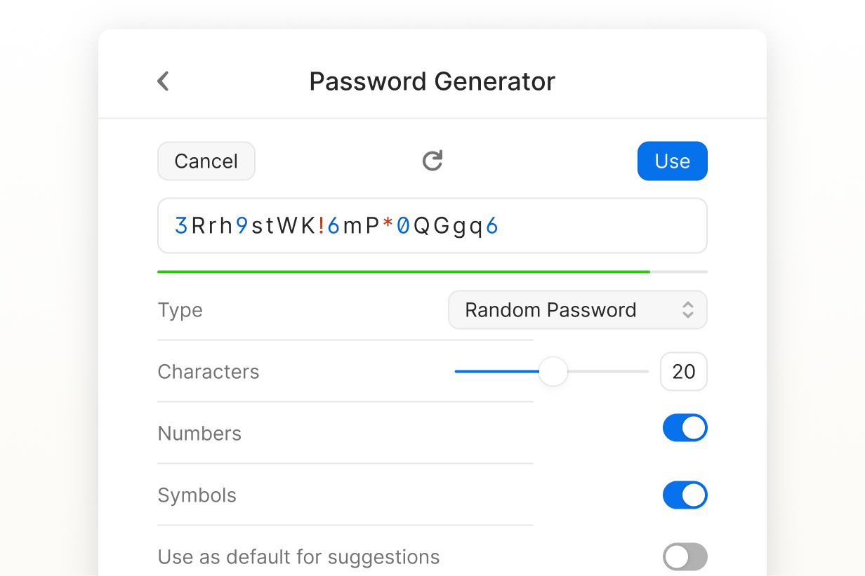 Screenshot of 1Password's Password Generator showing a generated password with options to adjust length and character types.