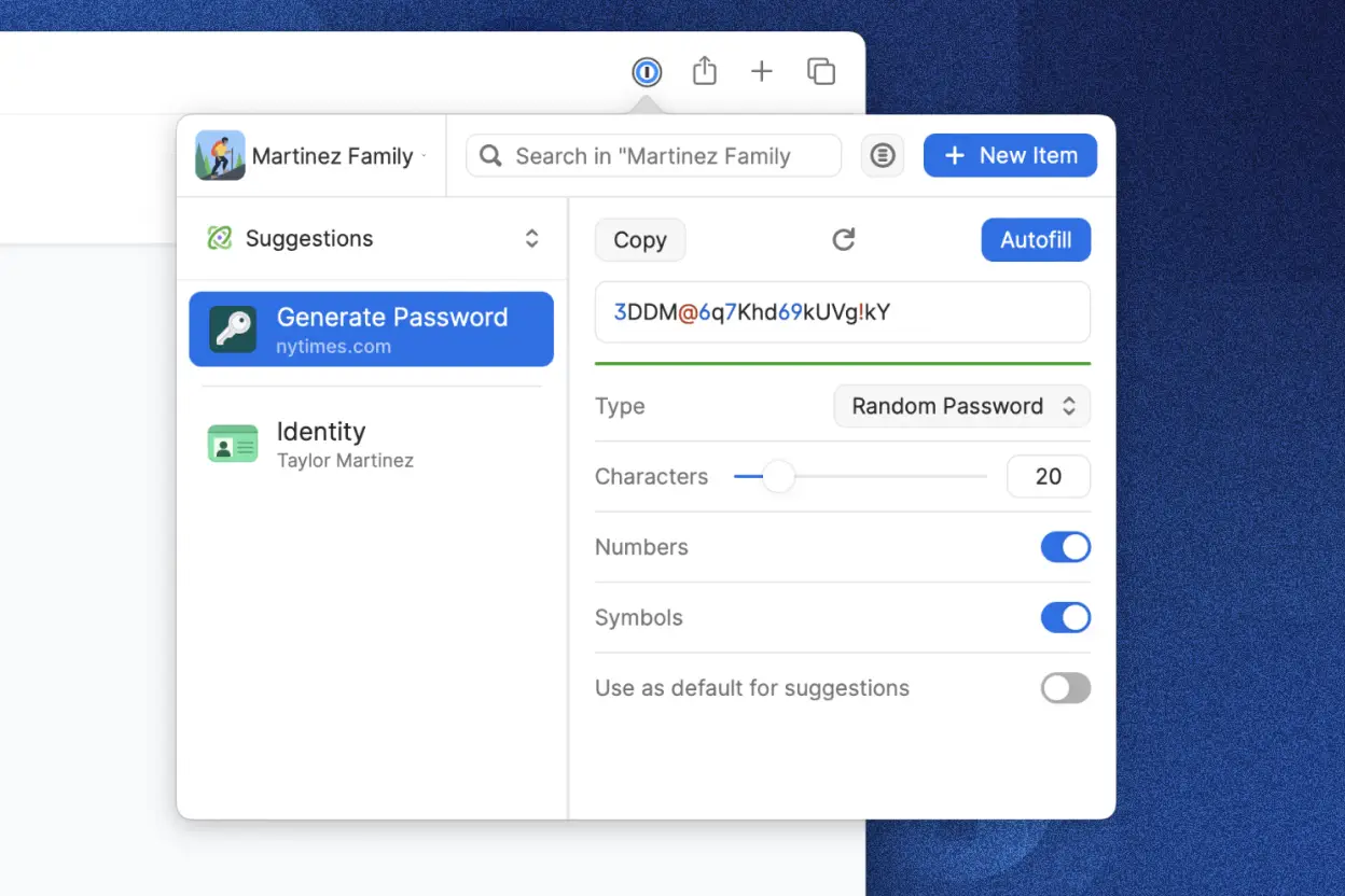 1Password 瀏覽器擴充功能內建的密碼生成器顯示生成的隨機密碼。有複製密碼和自動填寫表單功能的選項。