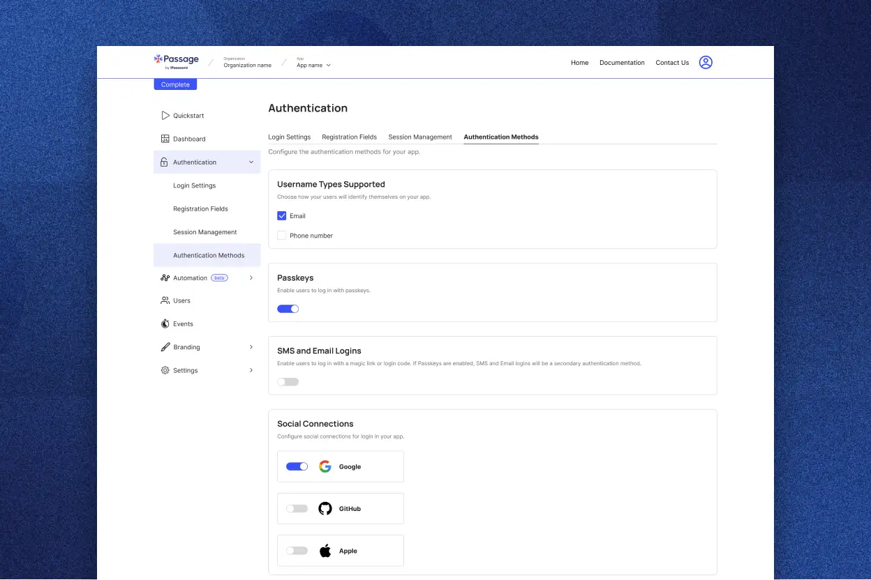 Uma página de configurações de autenticação do Passage, mostrando opções para configurar métodos de login, incluindo chaves-senha, logins por SMS e e-mail e conexões sociais como Google, GitHub e Apple.