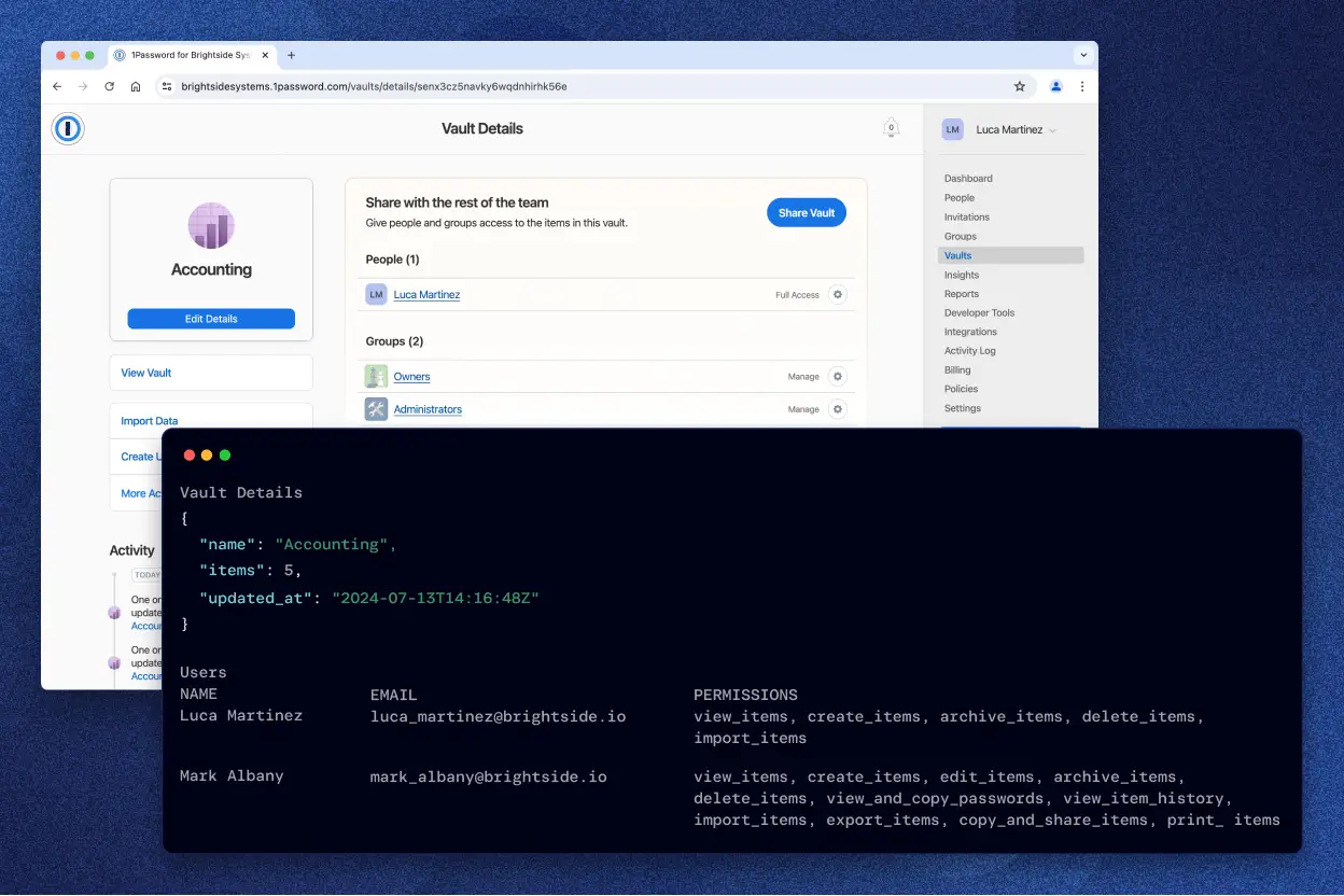 1Password interface showing the 'Vault Details' for the 'Accounting' vault, including users Luca Martinez and Mark Albany with their respective permissions. The screen includes both a graphical user interface and a command-line interface representation of the vault details.