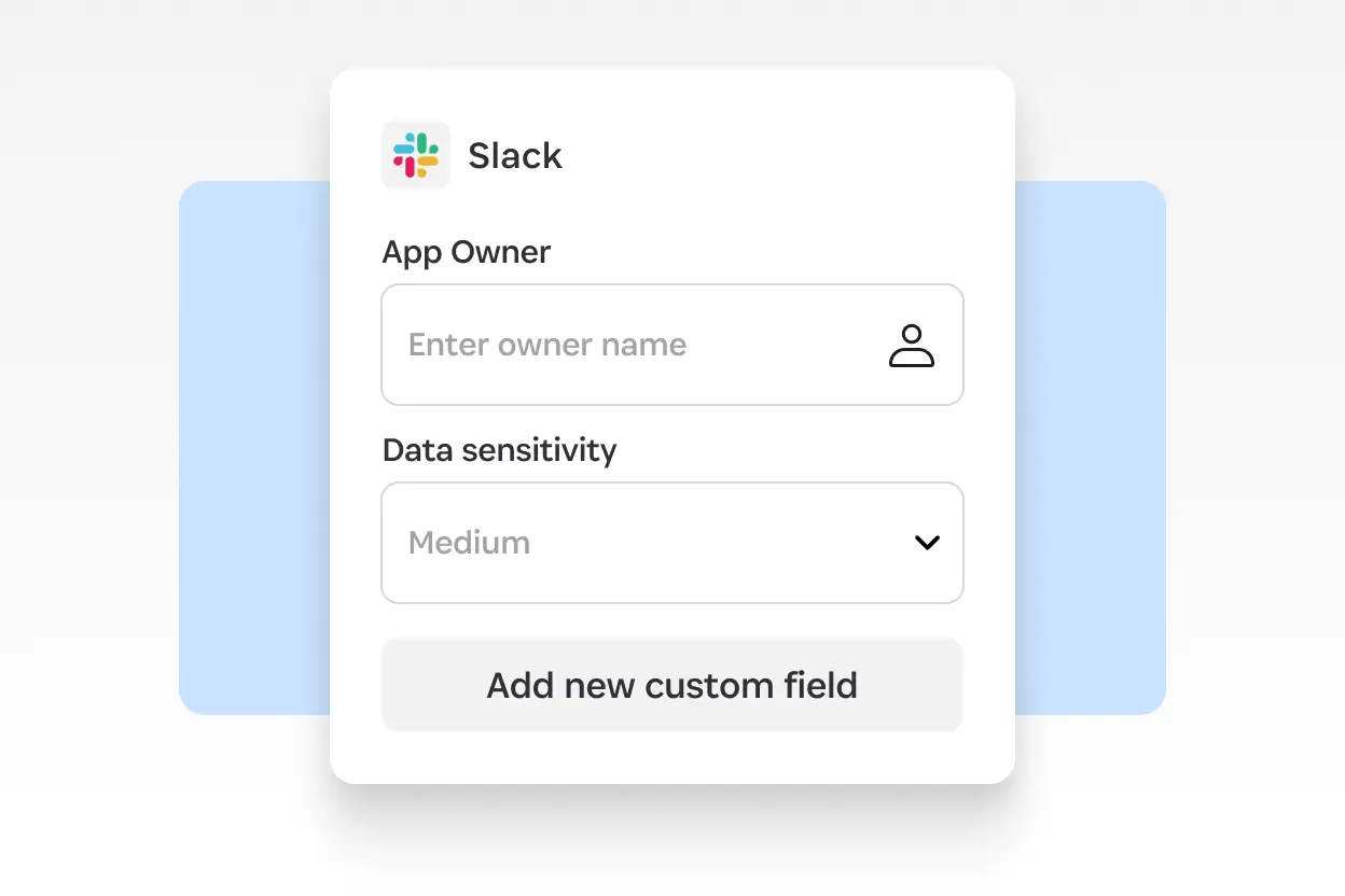 Custom field form for Slack app in 1Password Trelica showing owner and data sensitivity level