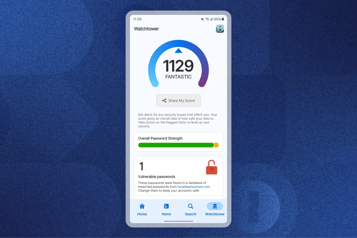 The 1Password app displaying the Watchtower feature for security alerts. The security score is 1129 marked 'Fantastic.' It shows overall password strength and one vulnerable password available to change.