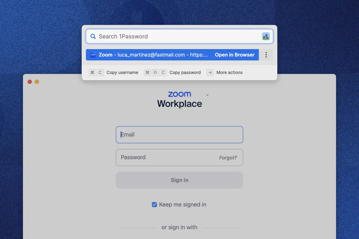 A opção de preenchimento automático do 1Password Quick Access no macOS mostra a opção de preencher automaticamente o login de um aplicativo aberto.