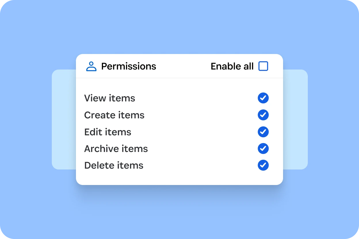 Team permissions interface in the enterprise password manager showing the ability to enable view, create, edit, archive, and delete permissions.