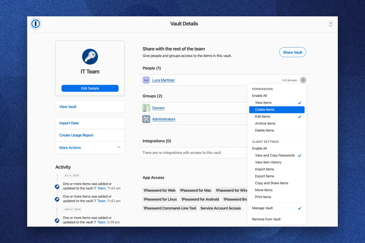 1Password interface showing the 'Vault Details' for the 'Accounting' vault, including users Luca Martinez and Mark Albany with their respective permissions. The screen includes both a graphical user interface and a command-line interface representation of the vault details.