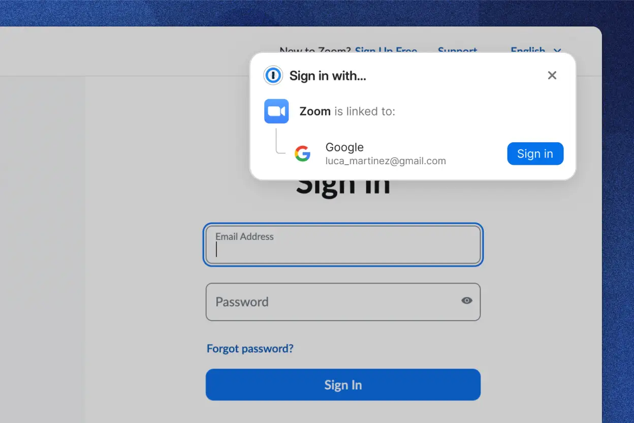 Zoomのサインインページに「Sign in with...」というタイトルの1Passwordのポップアップウィンドウが表示され、ZoomがGoogleアカウントにリンクされていることがわかる。ポップアップには、Googleアカウントに進むための「Sign in」ボタンがある。