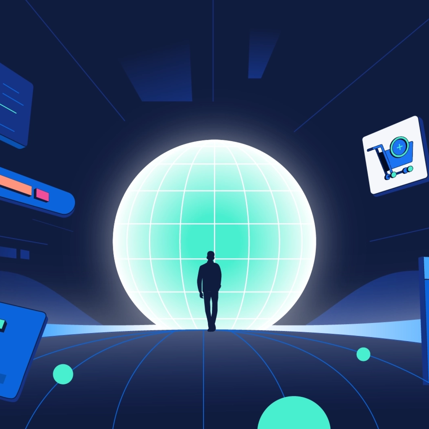 Illustration of a person walking toward a glowing digital sphere surrounded by data visuals, symbolizing automation and secure integrations with 1Password Trelica.