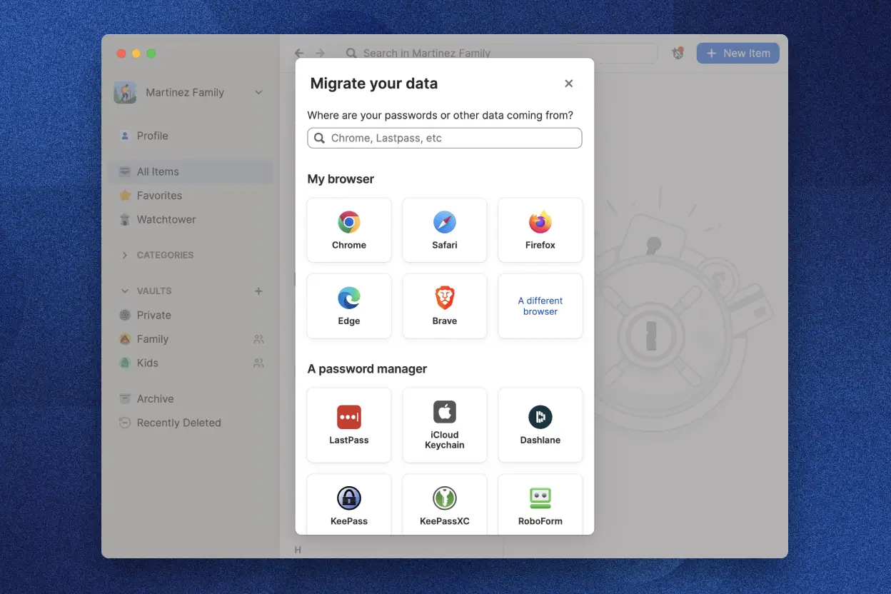 The 1Password app showing the import tool available to migrate your data from web browsers like Chrome and Safari and password managers like LastPass and Dashlane.