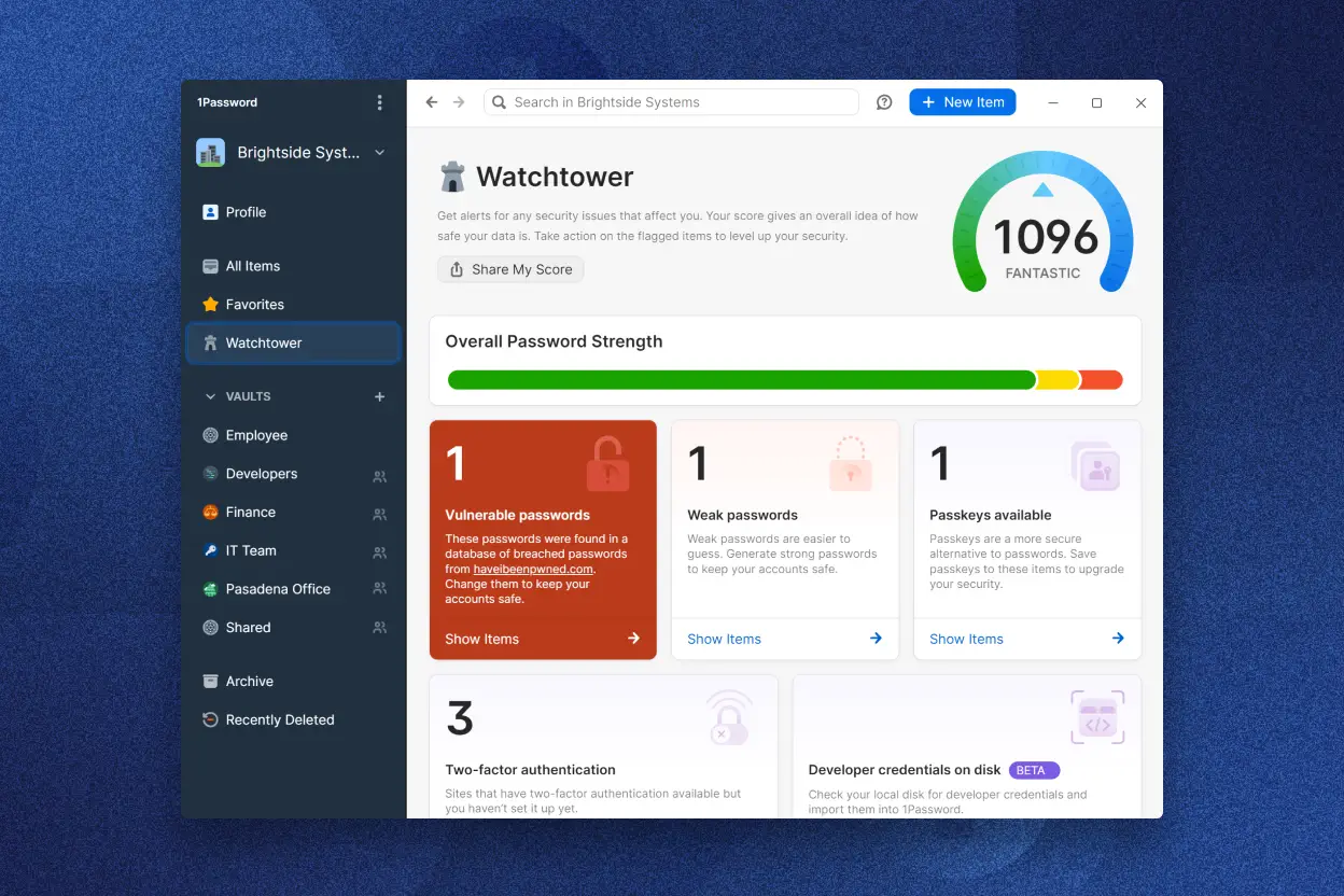 セキュリティアラート用のWatchtower機能を表示する1Passwordアプリ。セキュリティスコアは1096で「すばらしい」との評価。全体的なパスワードの強度、使用可能なパスキー1つ、弱いパスワード1つ、脆弱なパスワード1つ、二要素認証で使用可能なサイト3つが表示される。