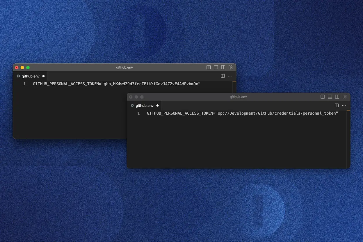 1Password being used to replace sensitive information in code with two Terminal windows. The first window shows a GitHub personal access token displayed in plain text, while the second shows the sensitive token replaced with a 1Password reference that keeps the token private.