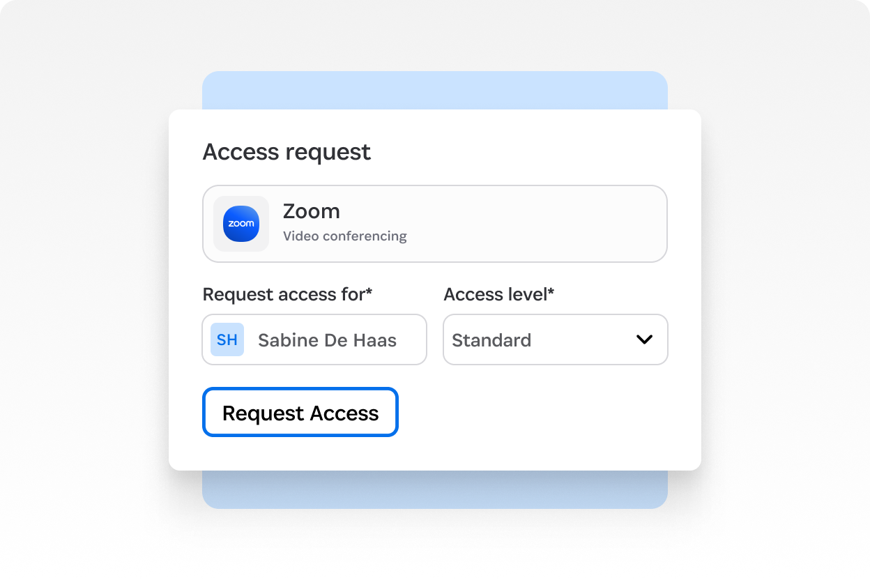 Access request form for Zoom showing requester selection and access level options with a Request Access button