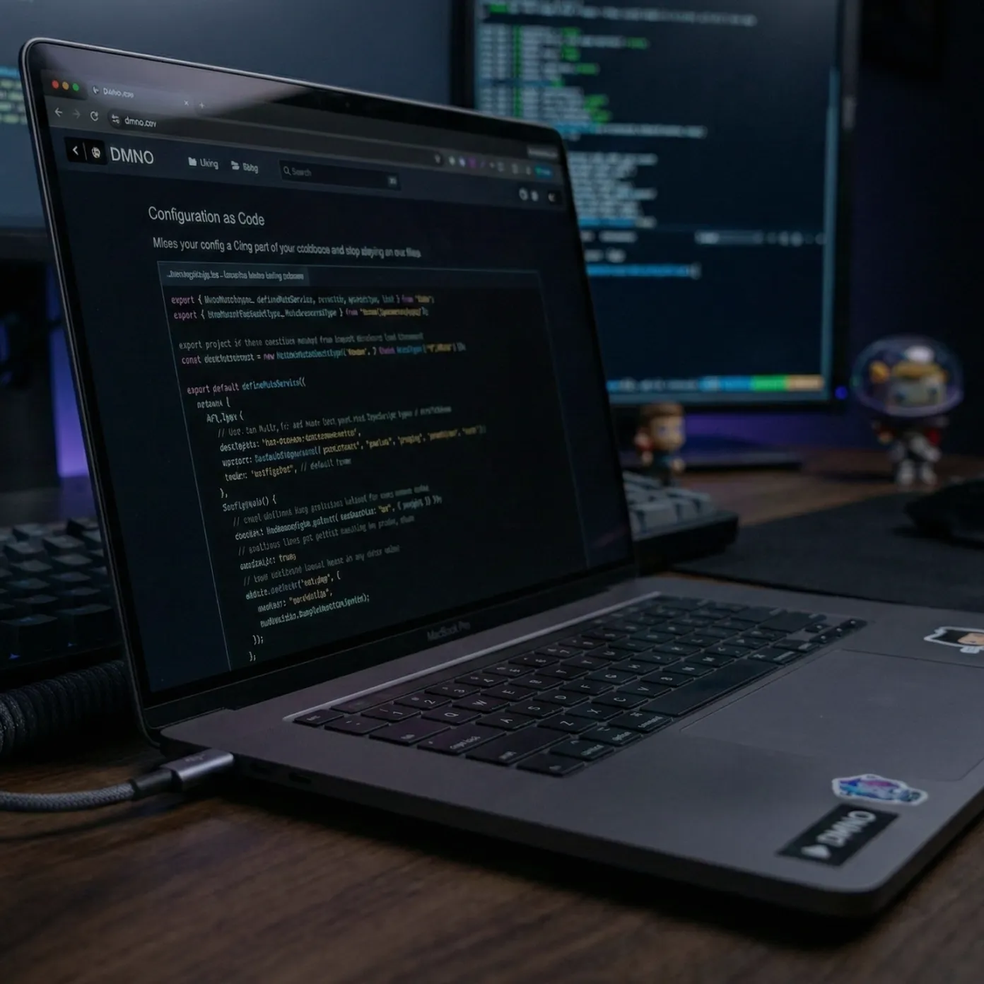 Laptop on a desk displaying a ‘Configuration as Code’ page and code editor on screen.