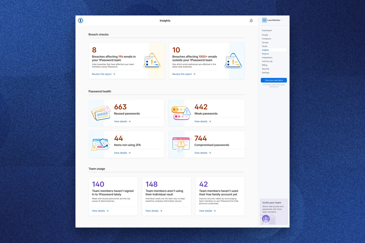 The Insights dashboard in 1Password for a company showing data for Breach checks, Password health, Team usage.