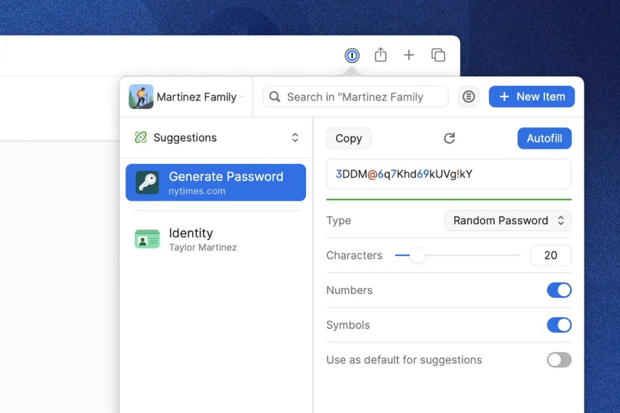 Der integrierte Passwortgenerator in der 1Password-Browsererweiterung zeigt ein zufällig generiertes Passwort. Es gibt Optionen, um das Passwort zu kopieren und automatisch auszufüllen.