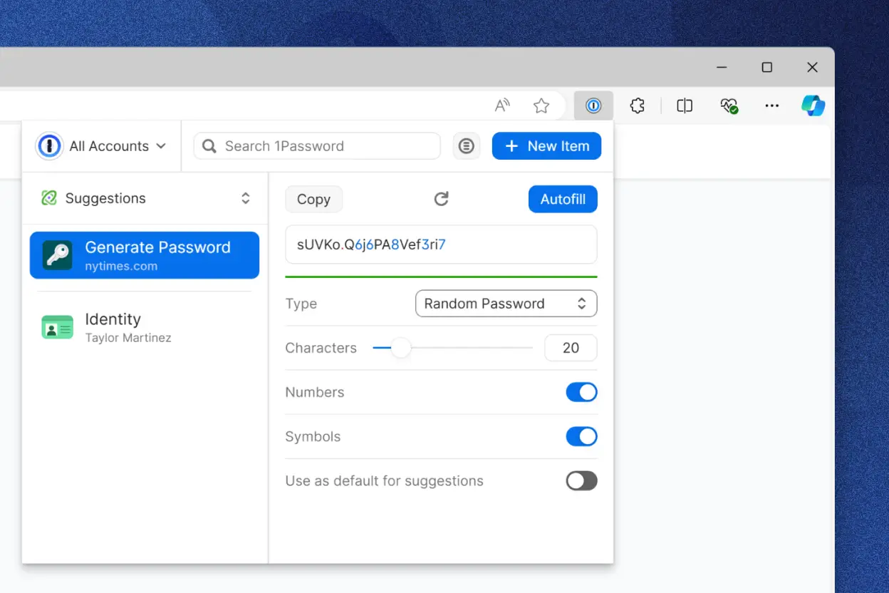 Das eingebaute Passwort-Generator-Tool in der 1Password-Browsererweiterung zeigt ein zufällig generiertes Passwort. Es gibt Optionen, um das Passwort zu kopieren und automatisch auszufüllen.