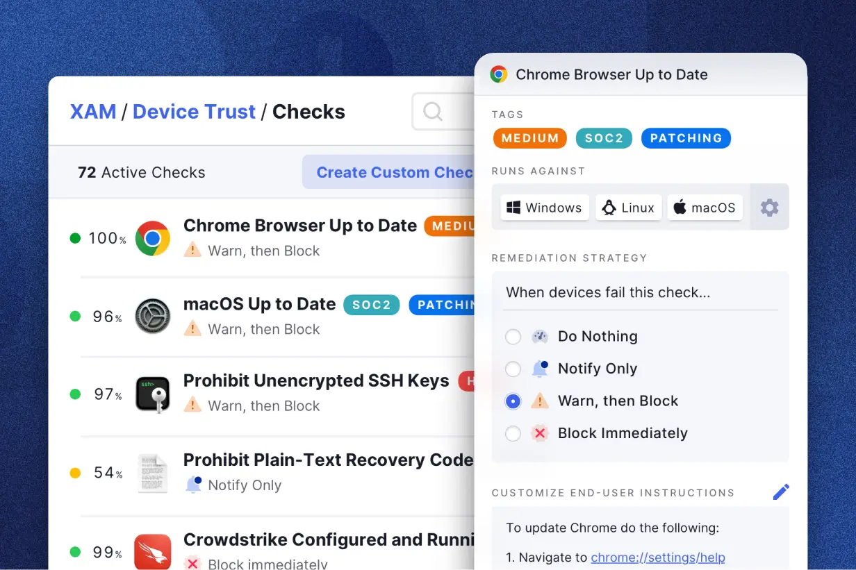 The 1Password Extended Access Management device trust dashboard showing various device checks and their compliance percentages.