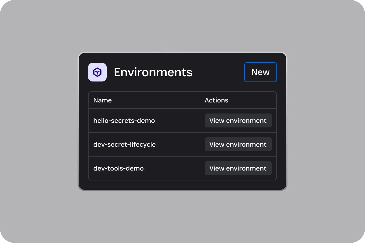 表示オプション付きの3つの開発環境のリストが表示された1Password Environmentsインターフェースのスクリーンショット。