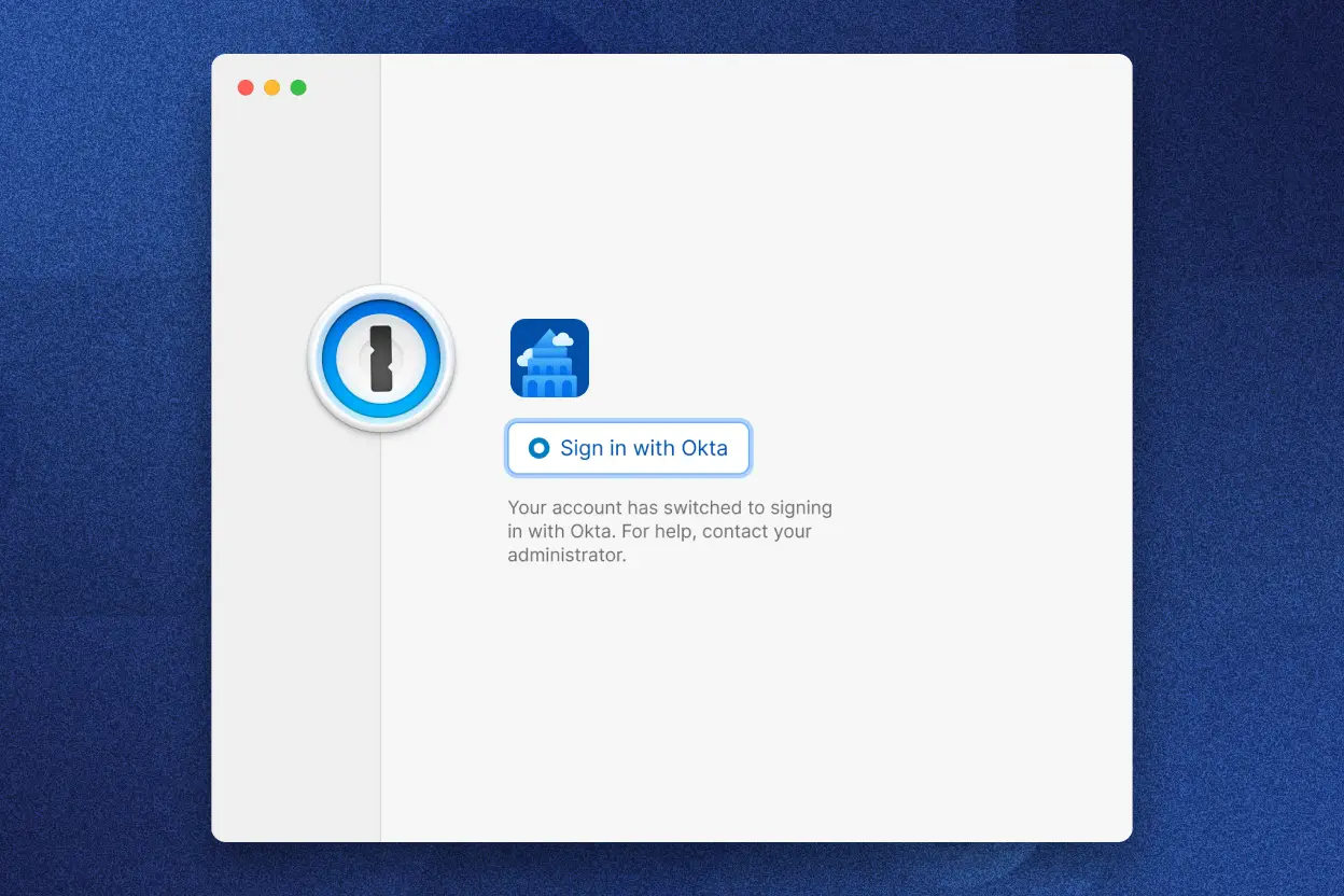 The 1Password app log-in screen displaying the option to Sign in with Okta.