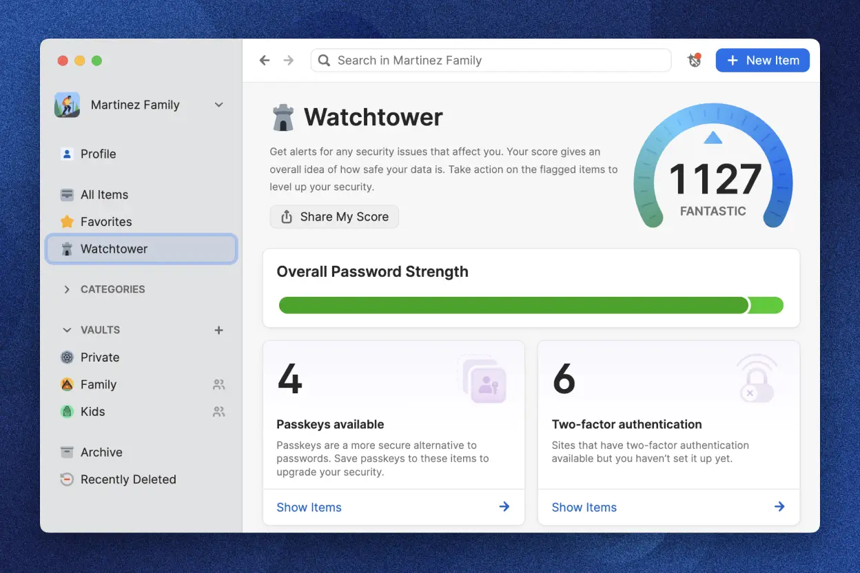 The 1Password app displaying the Watchtower feature for security alerts. The security score is 1127 marked 'Fantastic.' It shows overall password strength, 4 available Passkeys, 6 weak passwords, 1 vulnerable password, and 6 sites available with two-factor authentication.