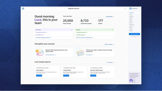 1Password dashboard interface of a company displaying team overview, onboarding and recovery statistics, security alerts, and last viewed reports.