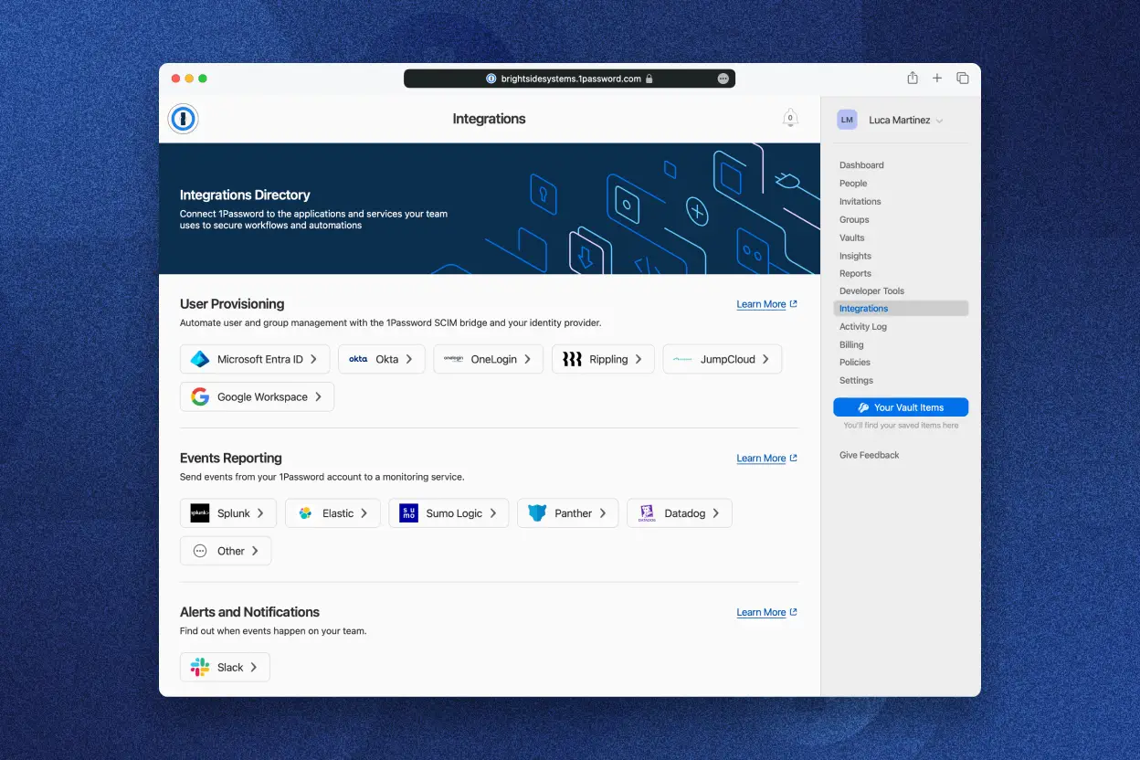 The 1Password integrations directory, where you can choose to connect 1Password to different apps for user provisioning, events reporting, and alerts and notifications. Apps include Microsoft Entra ID, Okta, Splunk, Datadog, Slack, and more.