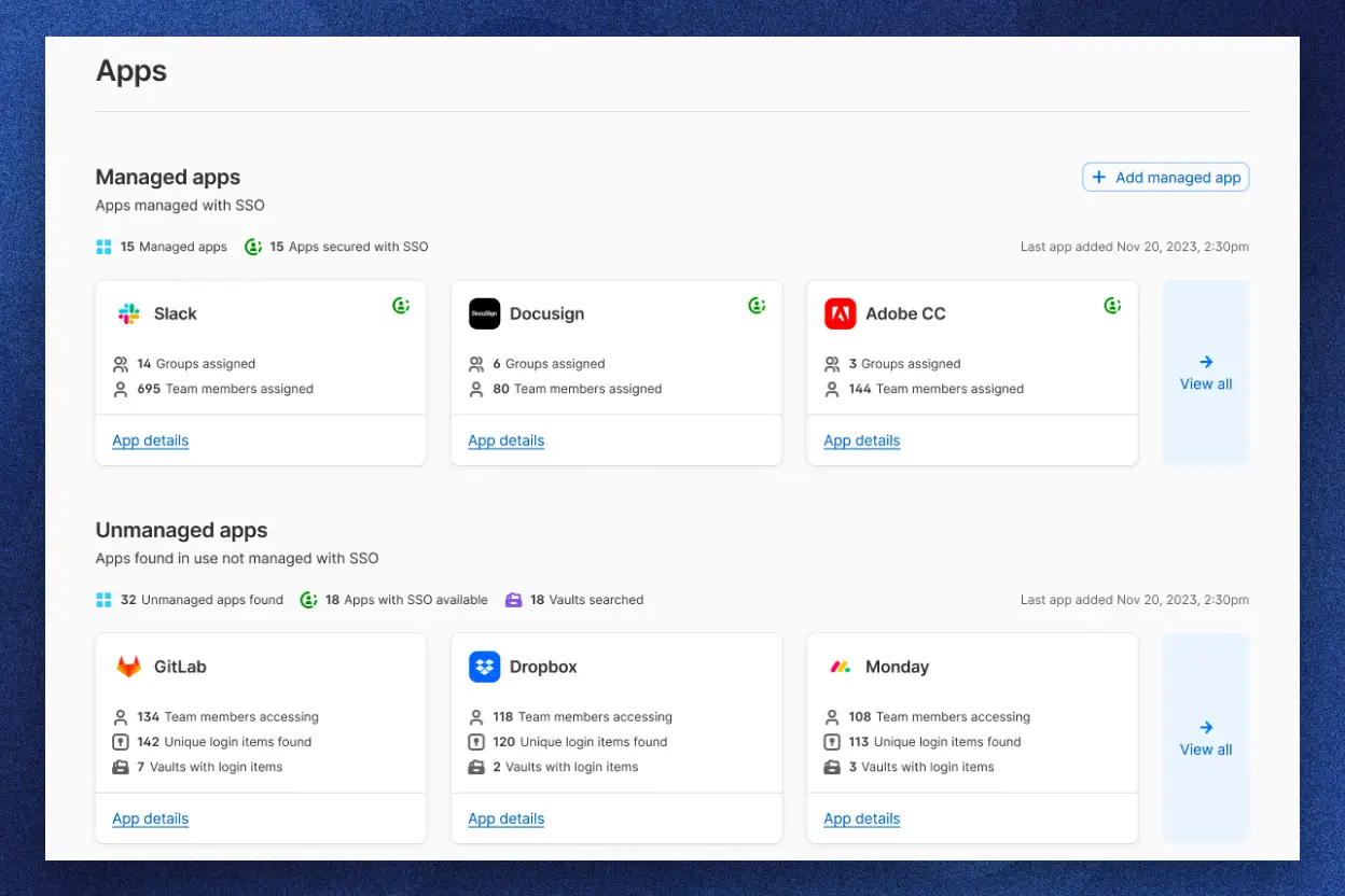 1Password Extended Access Management의 앱 대시보드에는 Slack 및 Docusign과 같은 SSO로 관리되는 앱 목록과 GitLab 및 Dropbox와 같은 관리되지 않는 앱 목록이 표시됩니다.